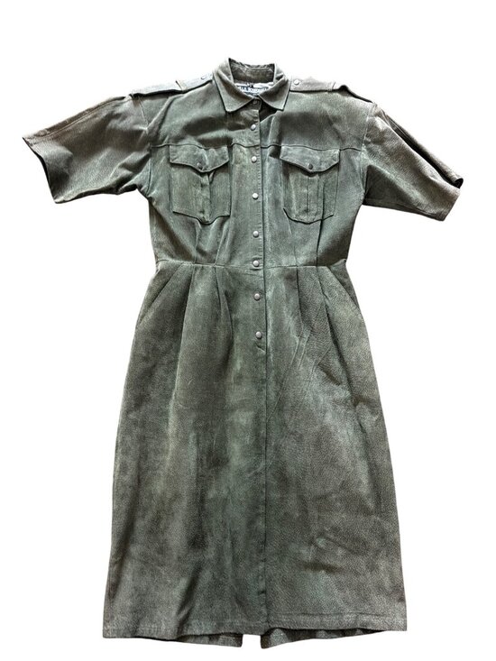 Della Roufogali Dresses & Skirts - Vintage Della Roufogali Olive Green Suede Leather Safari Shirt Dress Size 10